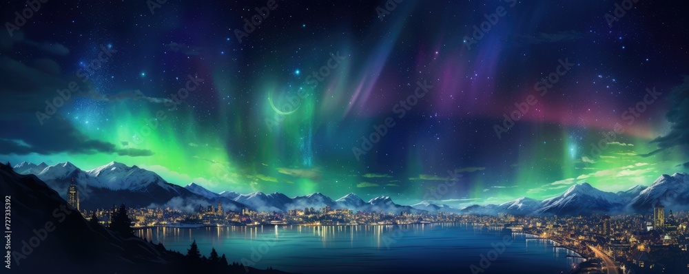 Fototapeta premium Landscape view on falling stars perseids, clear dark night sky, panorama banner. Generative Ai.