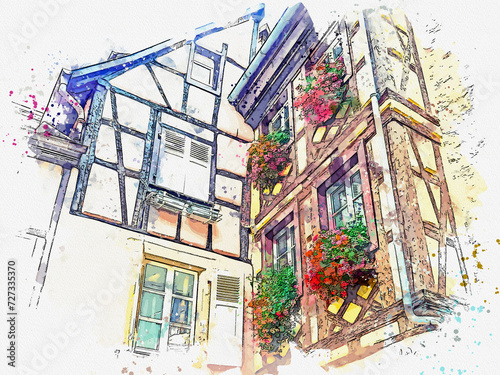 Watercolor picture view of Equisheim plus Beaux Villages de France, Alsace France. photo