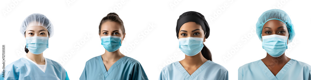 Set of Diverse Female Medical Workers in Full Protective Gear: Asian, American, Indian, Latina in Uniform and Mask, Isolated on Transparent Background, PNG Set of Diverse Female Medical Workers in Full Protective Gear: Asian, American, Indian, Latina in Uniform and Mask, Isolated on Transparent Background, PNG