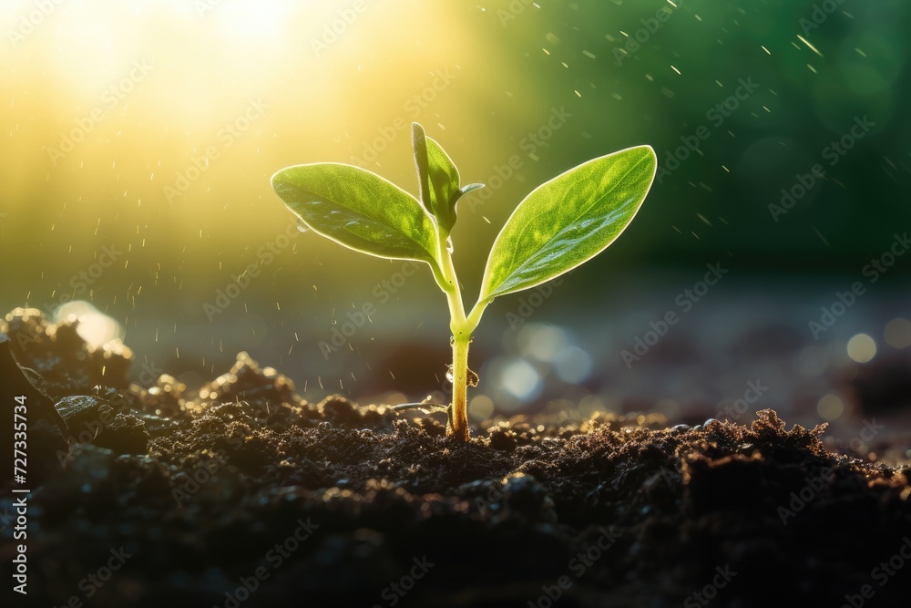 A young plant growing up with rainwater in sunlight. , ultra realistic. Generative Ai. A young plant growing up with rainwater in sunlight. , ultra realistic. Generative Ai.