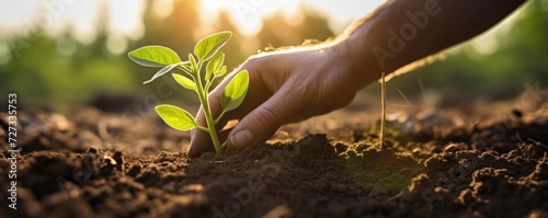 A young plant growing up with rainwater in sunlight. , ultra realistic panorama. Generative Ai.