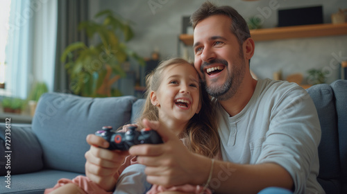 Father and daughter laughing while playing video games