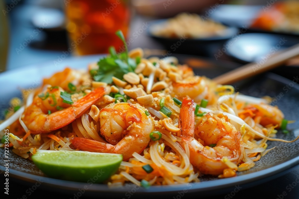 Pad Thai: Stir-fried rice noodles with shrimp, tofu, bean sprouts, peanuts, and tamarind sauce Pad Thai: Stir-fried rice noodles with shrimp, tofu, bean sprouts, peanuts, and tamarind sauce