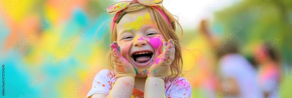 happy child at holi festival, colors of joy , vibrant celebration, youth activities, blurred colorful powder air background.