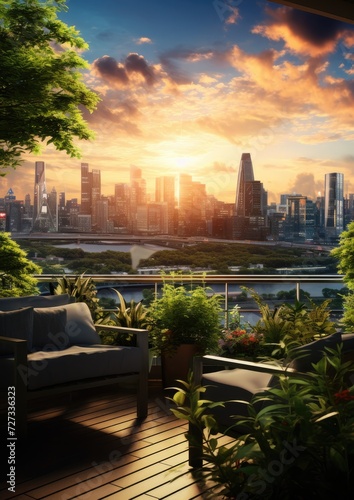 Urban rooftop garden with a lot lush greenery, seating areas, views. Generative Ai.