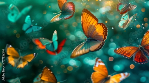 Playful butterflies in a kaleidoscope of colors  fluttering against a backdrop of emerald green.