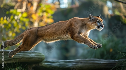 puma is captured in mid-air. Its resilient muscles are taut, and it is leaping gracefully in its enclosure. © olegganko