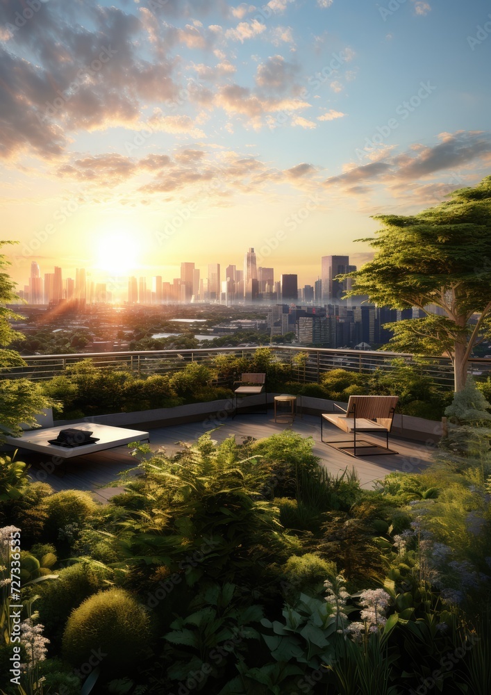 Fototapeta premium Urban rooftop garden with a lot lush greenery, seating areas, views. Generative Ai.