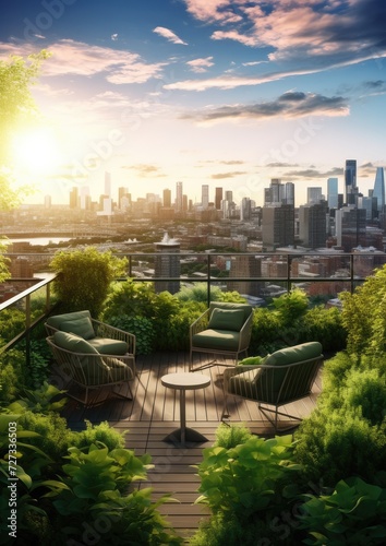 Urban rooftop garden with a lot lush greenery, seating areas, views. Generative Ai. © annamaria