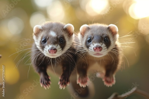 Playful ferret siblings tumbling over each other, their sleek bodies a blur of motion. © olegganko