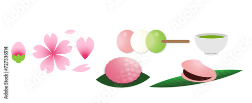 春の和菓子セット｜桜・お団子・抹茶のイラスト