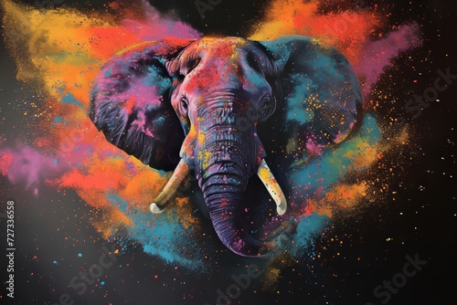 Animal elephant and holi powder explosion of colours photo