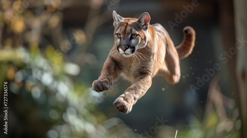 puma is captured in mid-air. Its resilient muscles are taut, and it is leaping gracefully in its enclosure.