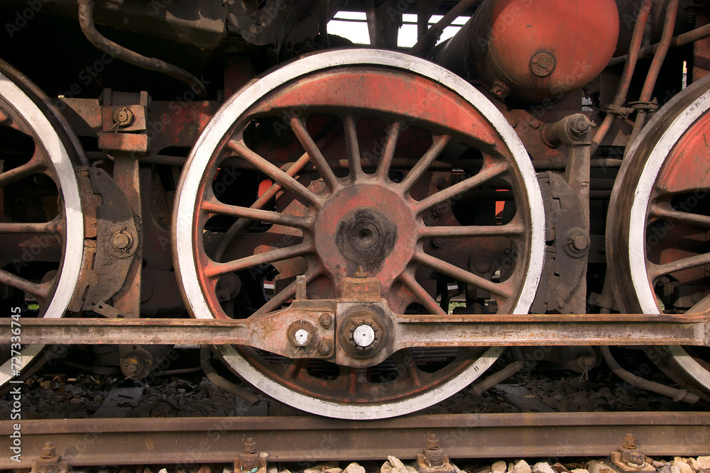 Red wheel of a heavy locomotive