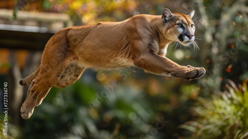 puma is captured in mid-air. Its resilient muscles are taut, and it is leaping gracefully in its enclosure.