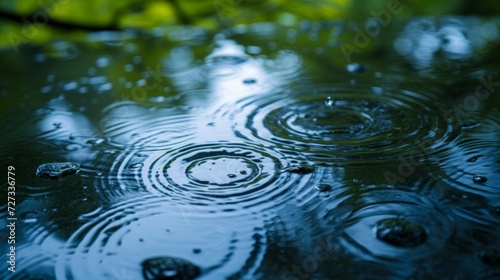 Raindrop ripples in puddles, reflecting the azure sky, heralding a refreshing spring shower. © olegganko