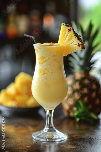 Pina Colada: A tropical delight with coconut cream, pineapple juice, and white rum, garnished with a pineapple slice.