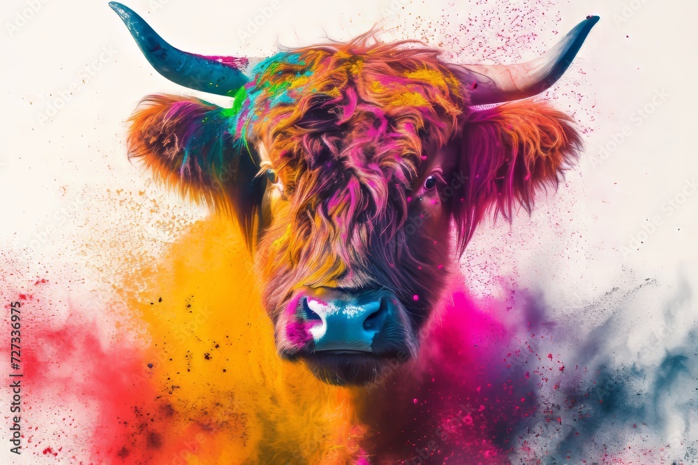 Animal scottisch highlander cow and holi powder explosion of colours