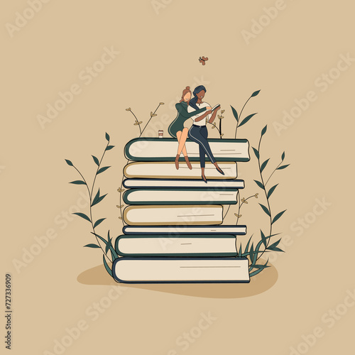 Concept: book is source of knowledge.A tiny African woman with friend sitting on stack of books and reading books.Volumes with plants as symbol of education.For library or bookstore.Hand-drawn vector
