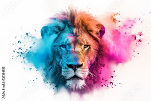 Animal lion and holi powder explosion of colours