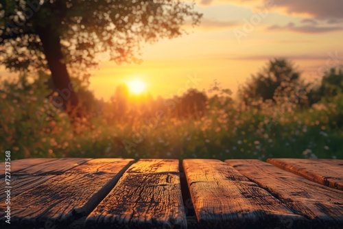 Wooden plank in front of the nature during the sunset