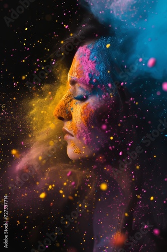 women person people holipowder color explosion powder black background photo