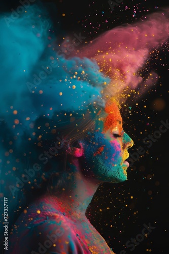 women person people holipowder color explosion powder black background photo