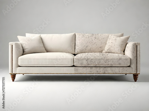 Sofa before and after dry-cleaning in room