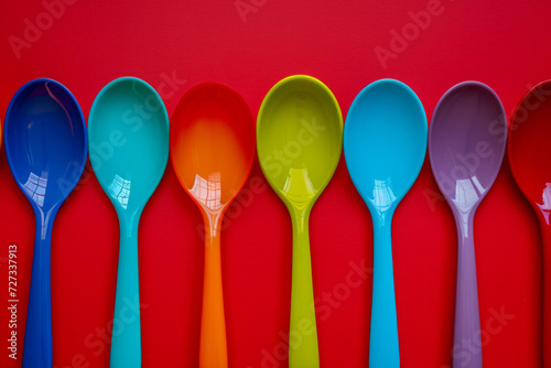 Set of Tea Colored Spoons, Isolated on red background. Top view of spoon. Colorful spoons. Multi-colored spoons. eco-friendly plastic concept. Flat lay. Close-up.