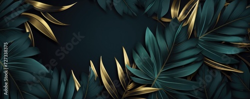 Wallpaper of exotic dark green leaves with different type of shades with gold, panorama. Generative ai. photo