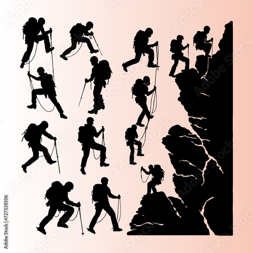 Hiking mountain black silhouette. Different pose and type hiker on mountain vector silhouette