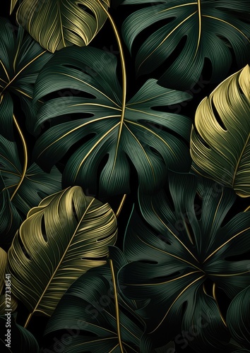 Wallpaper of exotic dark green leaves with different type of shades with gold. Generative ai.