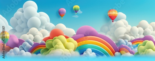 Abstract wallpaper of rainbow with clouds like baloons, pastel kids panorama banner. Generative Ai.