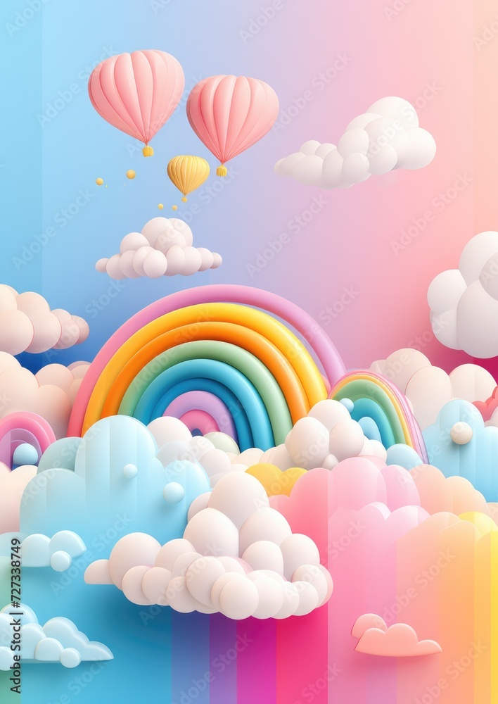 Abstract wallpaper of rainbow with clouds like baloons, pastel colors cartoon. Generative Ai.
