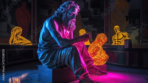 The timeless wisdom of Greek philosophers comes to life through statues adorned with neon lights, symbolizing the enduring relevance of their ideas.