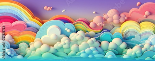 Abstract 3d rainbow illustrationwith clouds like baloons in pastel colors, panorama banner. Generative Ai.