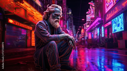 The timeless wisdom of Greek philosophers comes to life through statues adorned with neon lights, symbolizing the enduring relevance of their ideas.