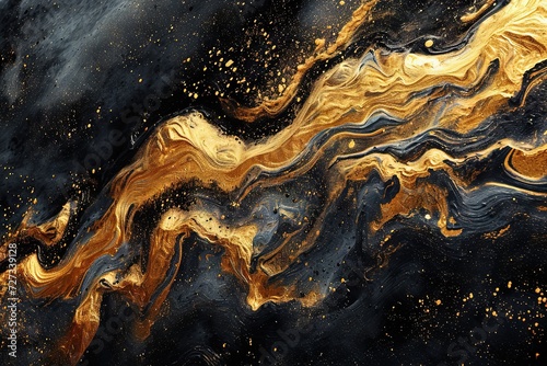 Abstract luxury fusion with black and gold liquid, gold splatters. Nature's abstract beauty captured in a fluid masterpiece of black and gold, splashed with shimmering droplets of liquid gold. © Merilno