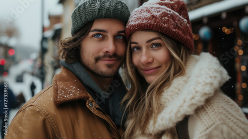 Smiling couple in winter attire with snowflakes.