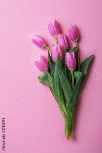 Pink and white tulips on pink background and copy space. © Nelly