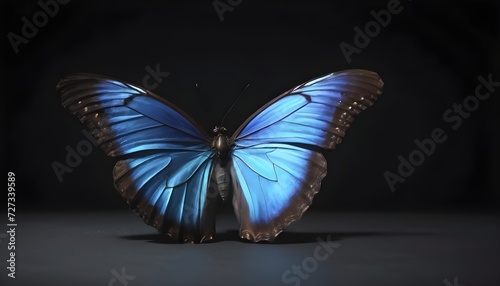 Black and blue butterfly on dark surface, black background