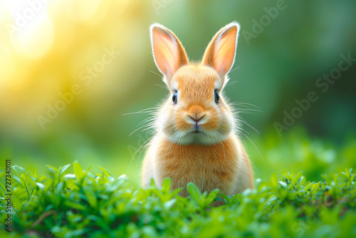 A cute fluffy Easter bunny is sitting on the lawn in the grass.  Ai generative..