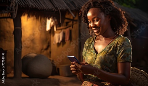 The bright smile of an African woman holding a smartphone suggests happiness and engagement with digital technology. © Murda