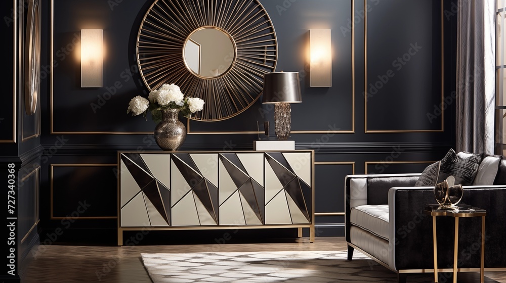 Create an art deco-inspired entryway with bold geometric patterns, mirrored furniture, and metallic accentsar Create an art deco-inspired entryway with bold geometric patterns, mirrored furniture, and metallic accentsar