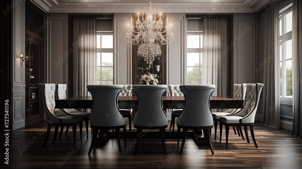 Create an elegant formal dining room with a long, polished dining table, upholstered chairs, and a crystal chandelier for sophisticationar Create an elegant formal dining room with a long, polished dining table, upholstered chairs, and a crystal chandelier for sophisticationar