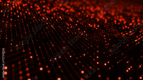 Abstract red wave particle background. Glowing random dots. Hi-tech, big data visualization, futuristic, digital technology connection and innovation concept. 3d rendering