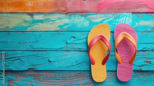 Flip flops resting on a blue wooden floor, evoking a sense of relaxation and summertime vibes.