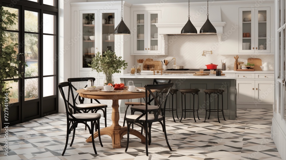 Design a chic French bistro kitchen with black and white tile flooring, wrought iron accents, and classic bistro chairs for a stylish and sophisticated ambiancear