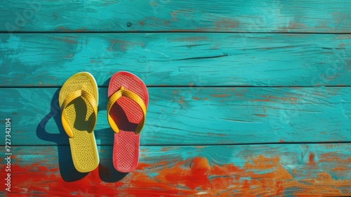 The casual charm of flip flops against a blue wooden floor, perfect for leisurely strolls by the beach.