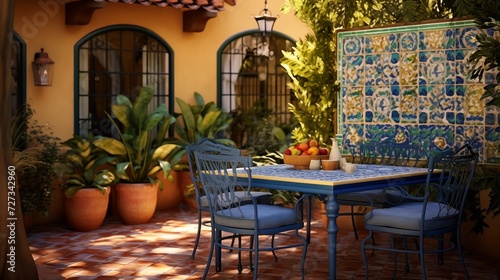Design a Mediterranean-inspired outdoor dining area with wrought iron furniture  vibrant tiles  and lush greenery for a charming and relaxed settingar